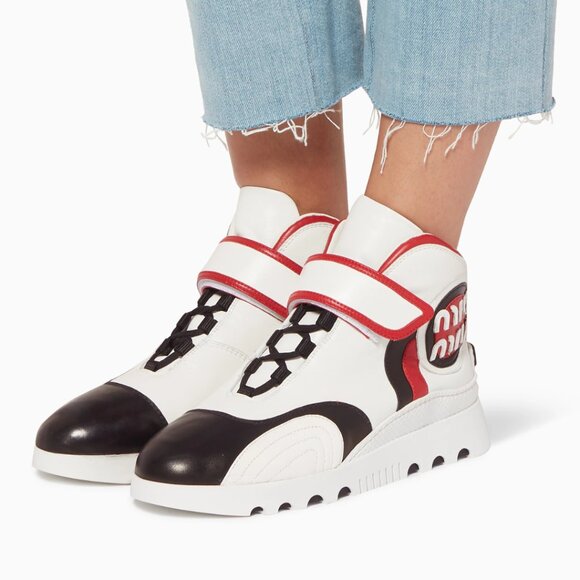 NWT Miu Miu High Top Sneakers White Multi Nappa Leather Lace Up Velcro - Picture 2 of 11